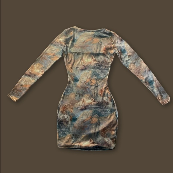 Shape Nude Renaissance Print Mesh Square Neck Bodycon Dress - Picture 2 of 4